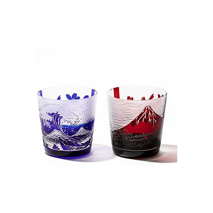 TABURO - Verres Bleu et Rouge Hokusai (Edo Kiriko) TB022-204R/206B